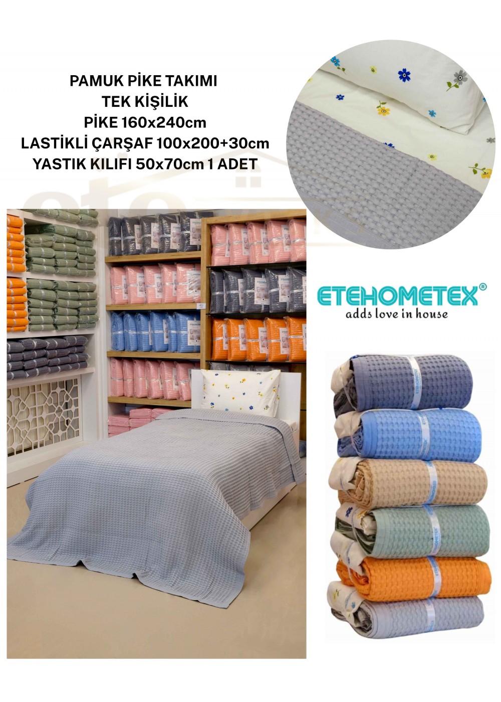 ETEHOMETEX HAVUZLU PİKE TAKIMI %100 PAMUK TEK KİŞİLİK GRİ 8696474232086